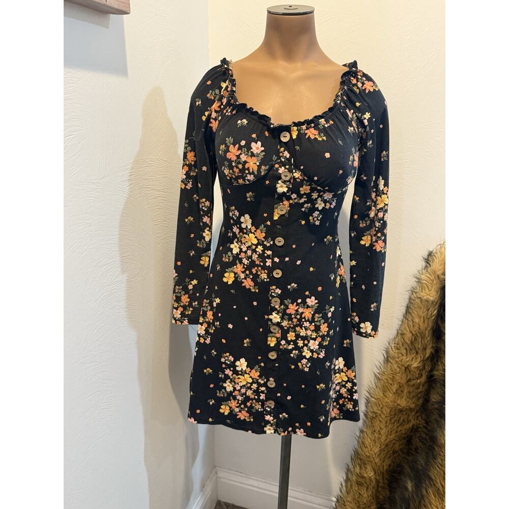 Women’s Black, Long, Sleeved, Soft Cotton Dress Floral Size Small